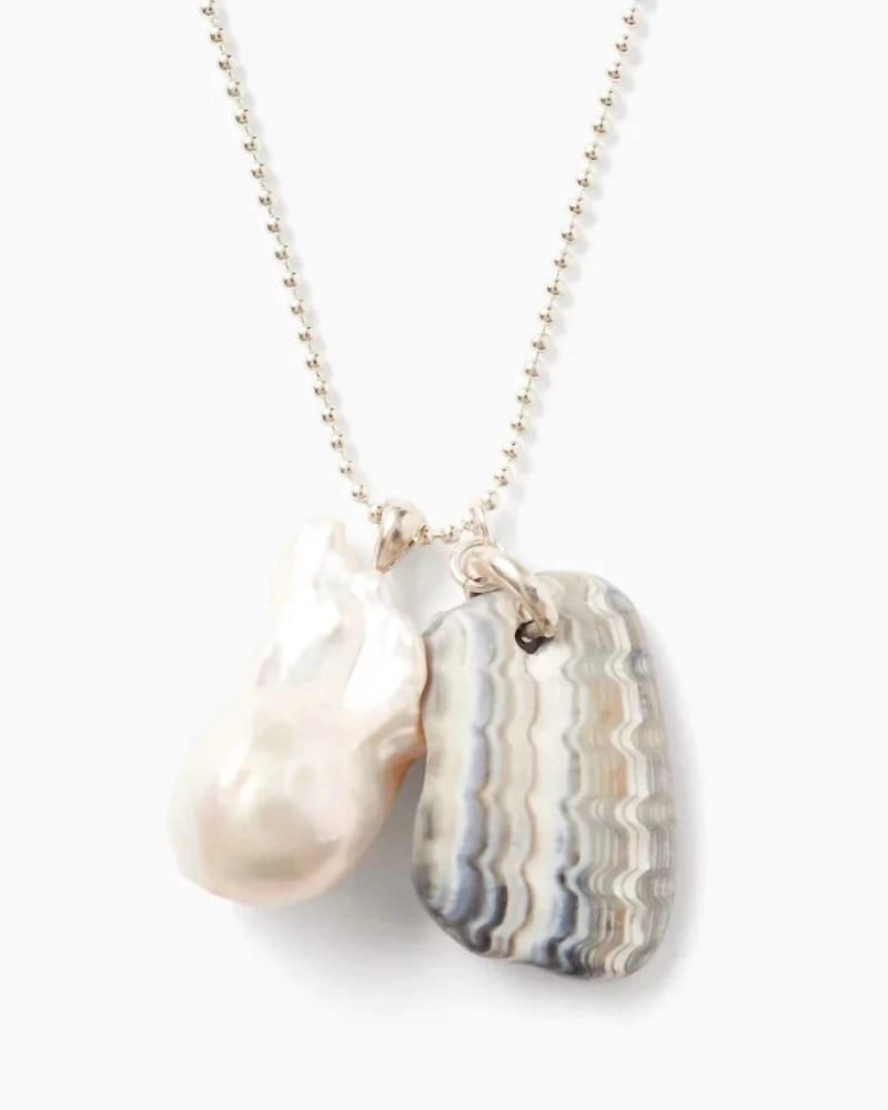 Front of a size O/S Fossilized Shell & Pearl Charm Necklace in Silver in Silver by CHAN LUU. | dia_product_style_image_id:330026